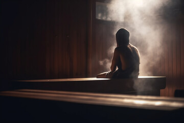 Sweating in the Sauna: Person Relaxing in Steamy Room - obrazy, fototapety, plakaty