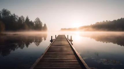 Tragetasche  a dock in the middle of a body of water with a foggy sky in the background and trees in the foreground, and a body of water with a dock in the foreground.  generative ai © Oleg