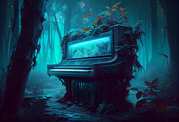 Elysium Piano standing in jungle forest in avatar style with neon lights illumination. Elysium musical concept of piano in nature scene background.