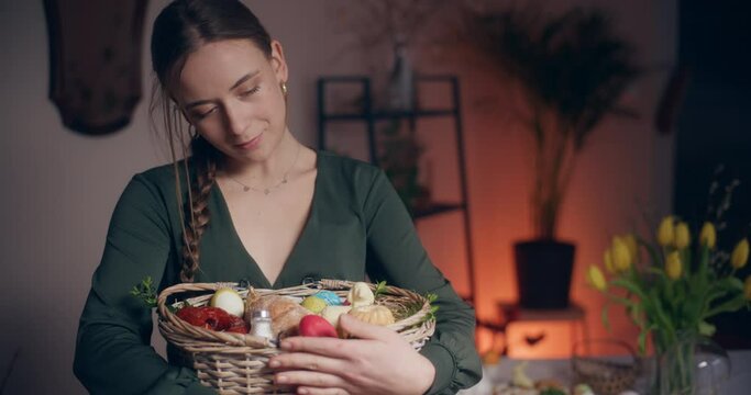 Woman Holding Easter Backet Easter Holidays Decorations