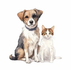  a dog and a cat sitting next to each other on a white background. generative ai
