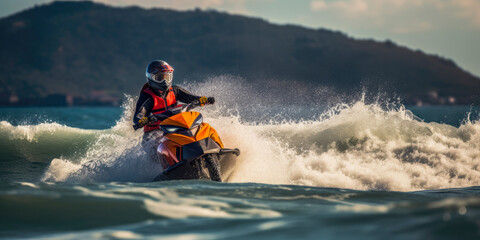 Man on water scooter, water sports, vacation, summer and leisure, one the lake, generated ai