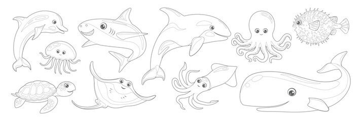 Coloring page of cartoon ocean fish and animals. Vector illustration of stingray, hedgehog fish, squid, octopus, killer whale, jellyfish, turtle, dolphin, shark. Outline coloring book for children.