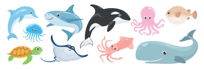Cute ocean animal and fish set. Cartoon stingray, hedgehog fish, squid, octopus, killer whale, jellyfish, turtle, dolphin and shark. Vector flat illustration isolated on white.