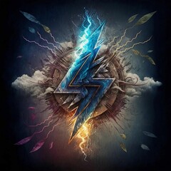 a logo with lightning and storm coming out of it with feathers surrounding