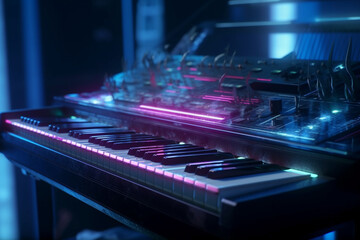 Obraz premium Piano Keyboard with neon lights illumination. Cyberpunk musical concept of piano background.