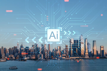 New York City skyline from New Jersey over Hudson River with Hudson Yards skyscrapers at sunset. Manhattan, Midtown. Artificial Intelligence concept. AI, machine learning, neural network, robotics