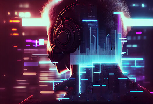 Woman DJ in cyberpunk neon style headphones with equalizer hologram. Sound beats techno musical concept background.