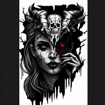make this minimalistic line art of a skull red eyes with horns and skull hands holding a womens eyes black backround 