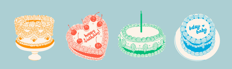 Set of Cakes with candle cherry, cream, text. Retro style. Sweet tasty food. Hand drawn trendy Vector illustration. Isolated design elements. Party, wedding, anniversary, celebration, birthday concept - 590760397