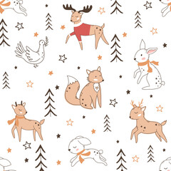 Cute seamless pattern Christmas tree, deer, hare, fox, elk, flowers. Happy New Year