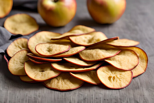 Generative AI image of apple chips, a snack food made by slicing apples thinly and then dehydrating or baking them until they become crispy and crunchy