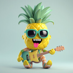 Pineapple rocker, musician. A series of illustrations of a happy pineapple. Pineapple character with sunglasses and guitar. 3d illustration. Generative AI