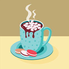 Cup with hot chocolate, marshmallows and cookies