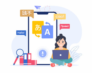 Fototapeta premium Student using online Translating app on mobile phone for foreign language learning. concept of learning international language.