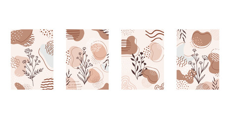 Set of compositions with leaves abstract and shapes, textures. Trendy collage for design in an ecological style. Abstract Plant Art design for print, cover, wallpaper.	
