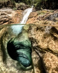 Vertical split view of a waterfall above and below water surface