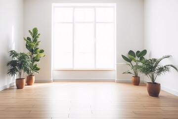 Empty room interior with plants and potted on wooden floor.  Still life concept