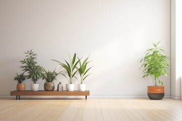 Empty room interior with plants and potted on wooden floor.  Still life concept