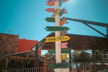 Closeup shot of a wooden pole with colorful arrows directing to Hawaii, Syndey and other places