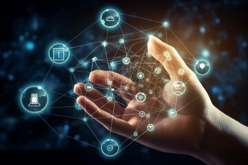 Illustration of the hand of a man connected to IOT devices around him