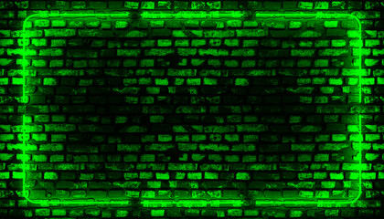 Brick wall, background, green light neon frame. Neon room. 3d render