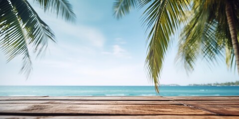 Empty wood table with tropical sea with palm leaves, Background with copy space for product display, Summer vacation, generative ai	