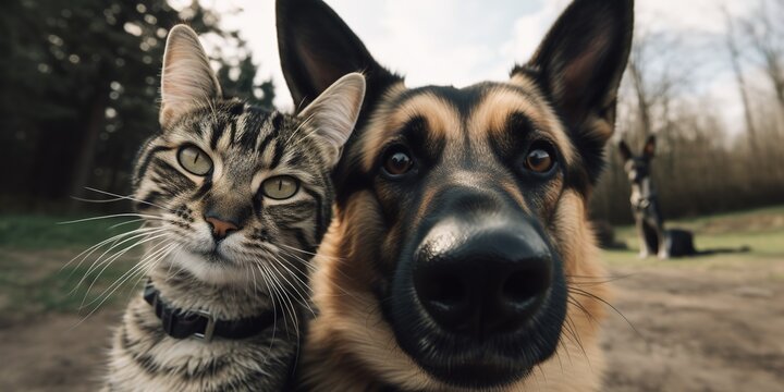 Cat and dog taking a selfie together on park outdoor, generative ai