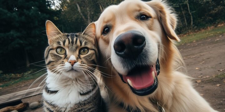 Cat and dog taking a selfie together on park outdoor, generative ai