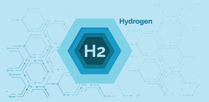 Hydrogen symbol on an abstract blue background of hexagons. Banner template for a website.  Hydrogen energy. Н2. Green hydrogen logo. Clean energy. Vector illustration