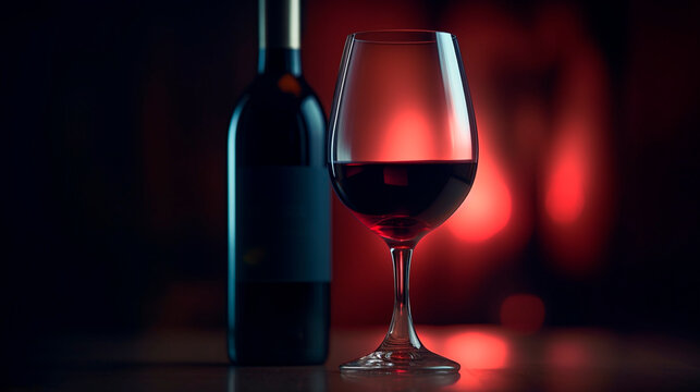 Macro shot, glass of red wine, next to a bottle of vintage premium wine, warm background. Professional studio photo