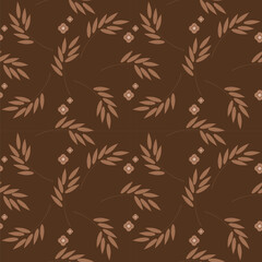 Floral seamless pattern with light brown leaves on brown background. Leaf motifs scattered random. Good for wrapping paper, wallpaper, textile, card, web. Vector illustration.