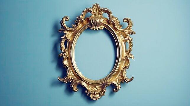 Oval-shaped gold picture frame mockup with a vintage portrait on a light blue background created with generative AI technology