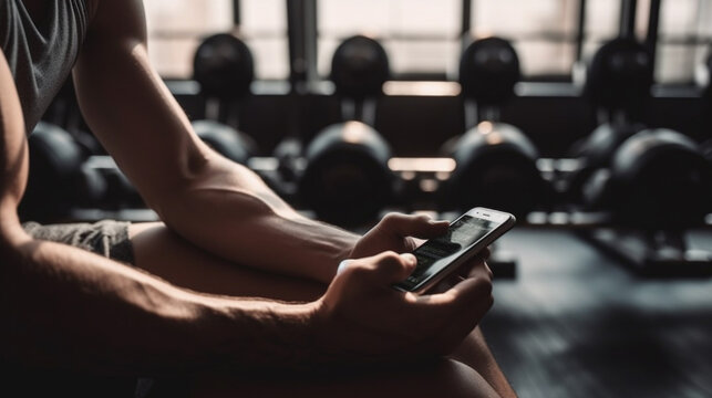 Phone, music and man hands in gym for workout