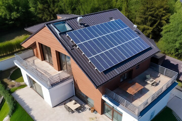 Modern house with solar panels on the roof producing clean energy for home use. Created with generative AI tools.