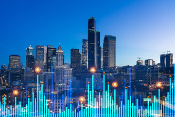 Skyscrapers Cityscape Downtown View, Seattle Skyline Buildings. Beautiful Real Estate. Night time. Forex Financial graph and chart hologram. Business education concept.