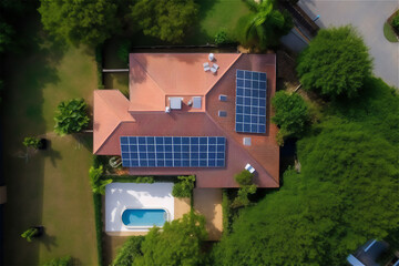 Aerial top down view of a modern house with solar panels on the roof producing clean energy for home use. Created with generative AI tools. - 590765374
