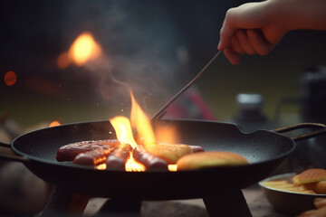 Sizzling Hot: Close-up of Open Flame BBQ at Camping Site
