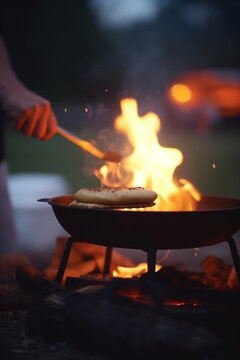 Sizzling Hot: Close-up of Open Flame BBQ at Camping Site