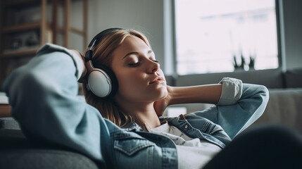 Relax, headphones and woman on a living room sofa feeling peace from music