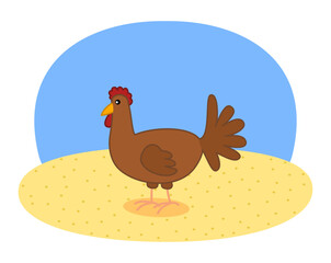 Illustration of a brown hen with seeds in her yard with blue sky