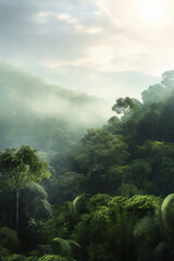 Aerial view of misty rainforest on a sunny day with towering trees