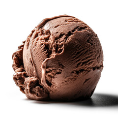 a round scoop of chocolate ice cream perfectly illuminated by accent lighting on a pure white background. The scoop is rich and velvety, with a slightly grainy texture.