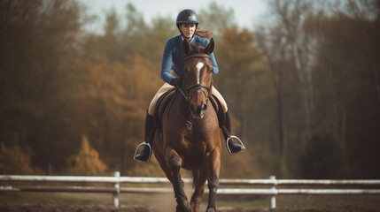 jump and woman on a horse for a course, event or show on a field - obrazy, fototapety, plakaty