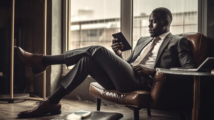 young businessman using a cellphone while relaxing - obrazy, fototapety, plakaty