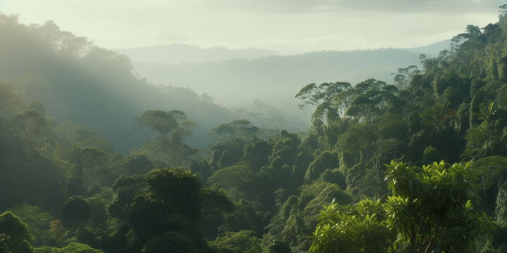 Aerial view of misty rainforest on a sunny day with towering trees