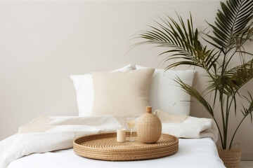 rattan pillow interior palm tray furniture home design bed modern table. Generative AI.