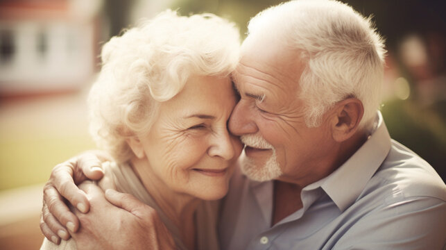 caring senior parents embracing on their wedding anniversary 