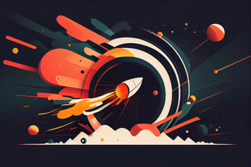 Spaceship and solar system. Colorful planets, rocket, galaxy and universe. Space cartoon