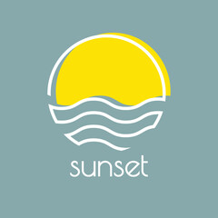 Destino de vacaciones. Logo con texto sunset y paisaje con sol lineal en zigzag y olas de mar